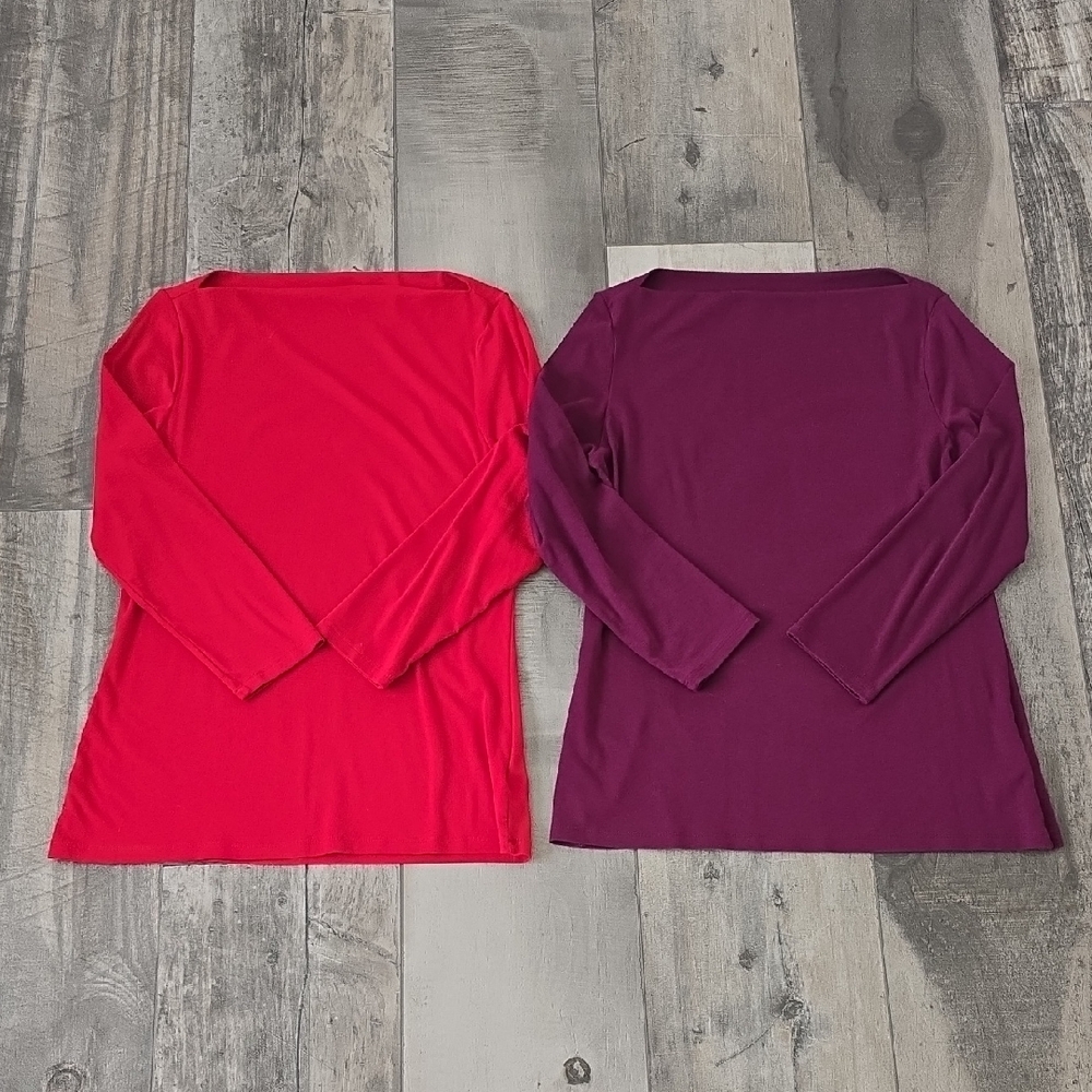 Women's Boat Neck Long Sleeve Tops - Red and Purple